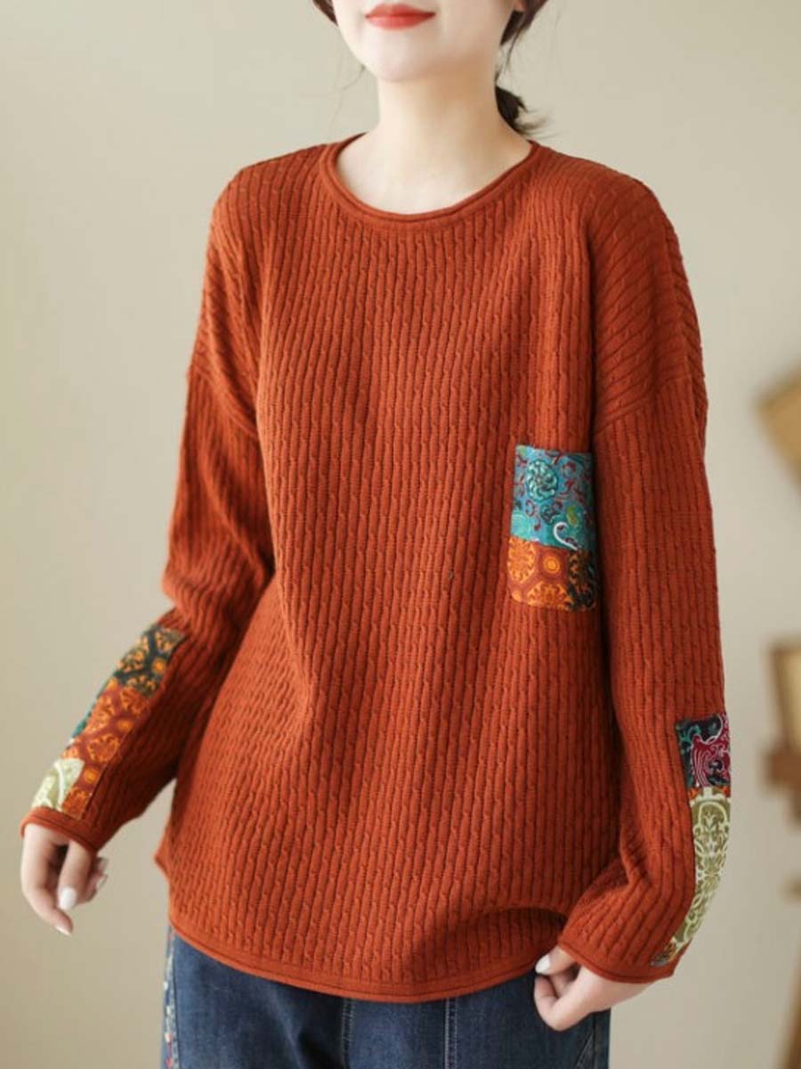 Women Autumn Artsy Knitted Patchwork Loose Sweater