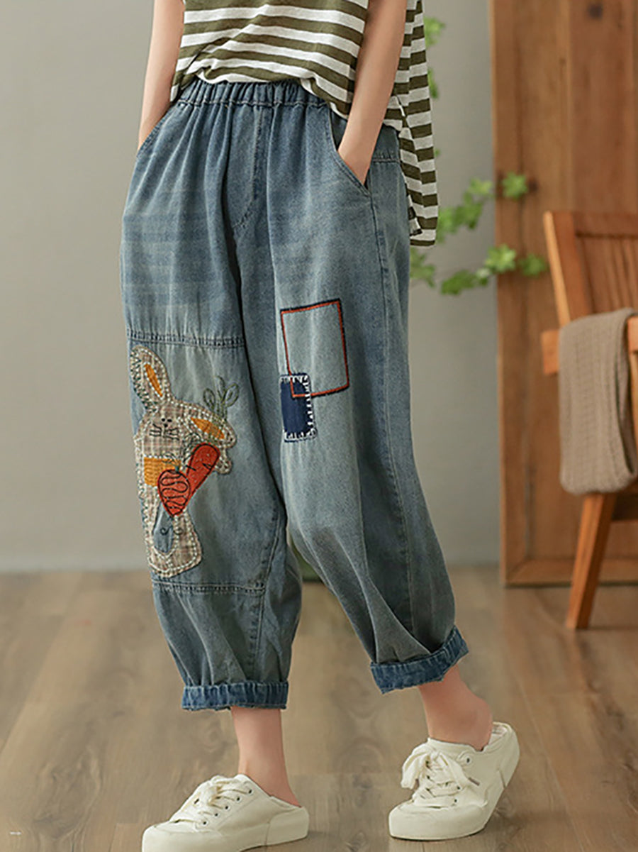 Women Summer Vintage Flower Embroidery Denim Harem Pants
