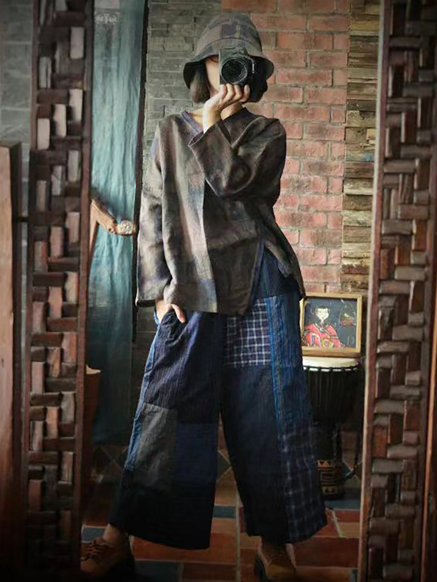Women Vintage Patch Spliced Wide-leg Cotton Pants