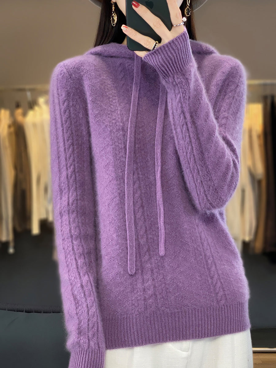 Women Winter Solid Wool Knitted Hooded Sweater