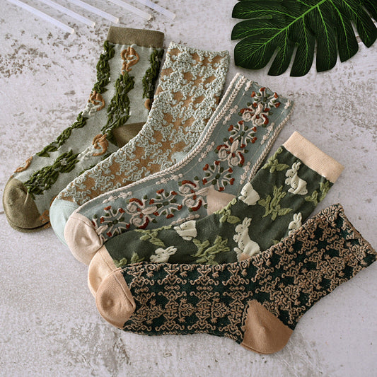 5 Pairs Women Spring Vintage Plant Jacquard Socks