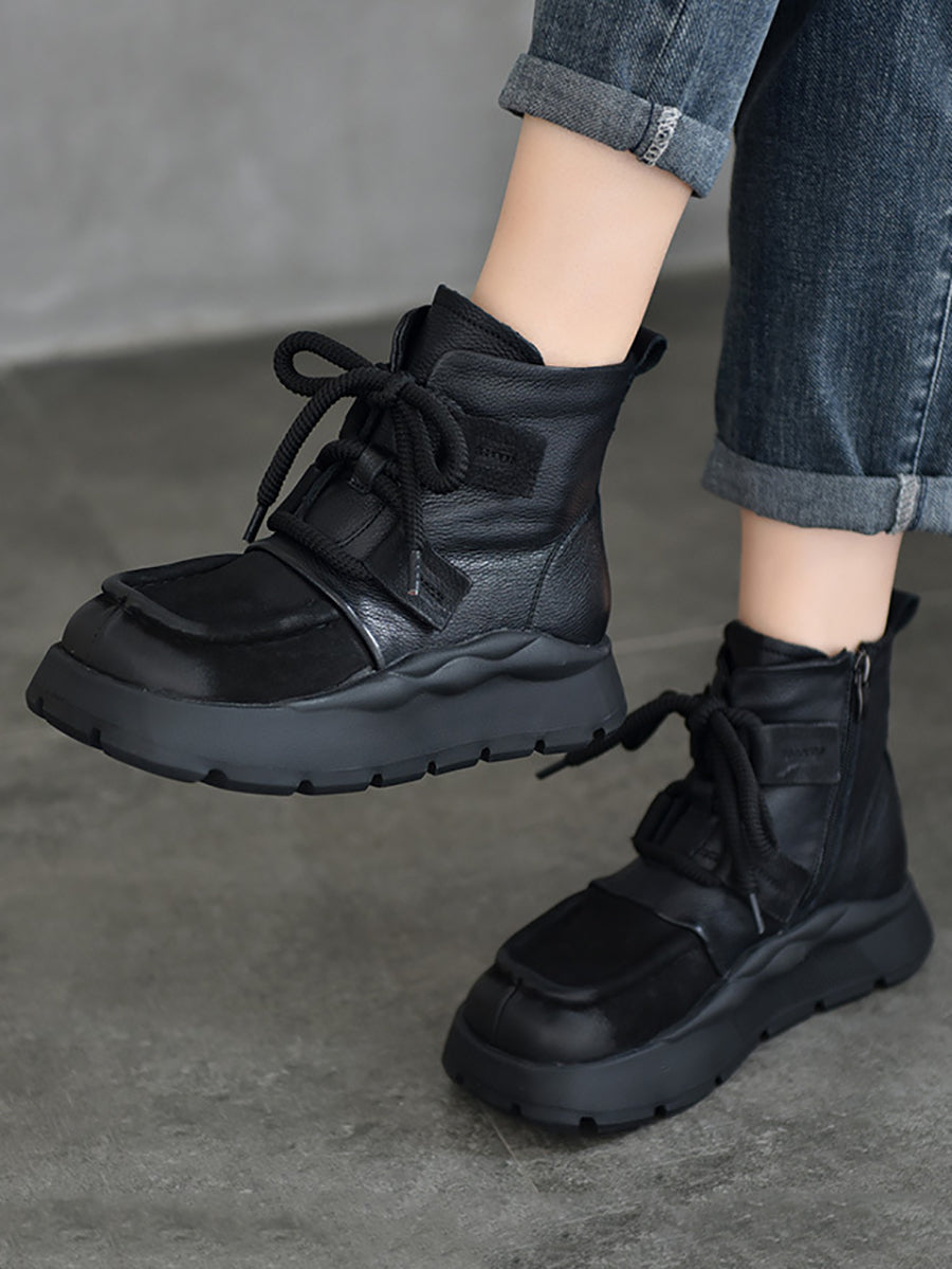 Women Casual Leather Spliced Square-toe Boots
