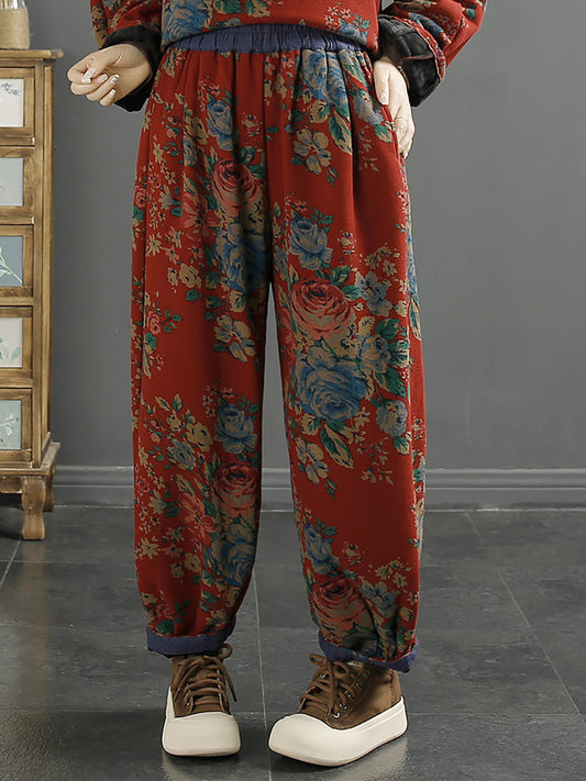Pantalon sarouel chaud d'hiver à fleurs rétro pour femmes de grande taille