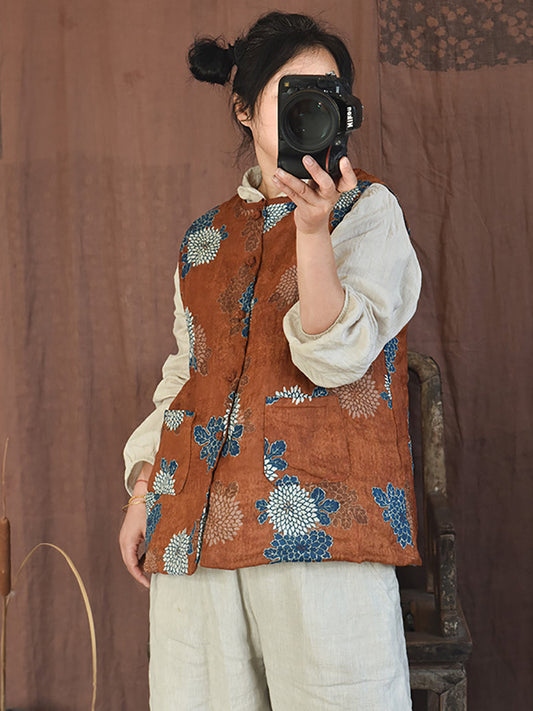 Women Ethnic Floral Ramie Cotton Padded Vest Coat