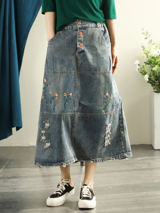 Women Retro Flower Embroidery Spliced Worn Skirt