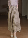 Women Vintage Solid Pleat Drawstring Pocket Wide-leg Pants