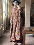 Women Vintage Floral Print Buckle Loose Cotton Robe Dress