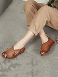 Women Vintage Leather Drwastring Solid Peep-toe Shoes