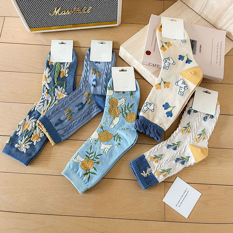 5 Pairs Women Sweet Floral Jacquard Rabbits Socks