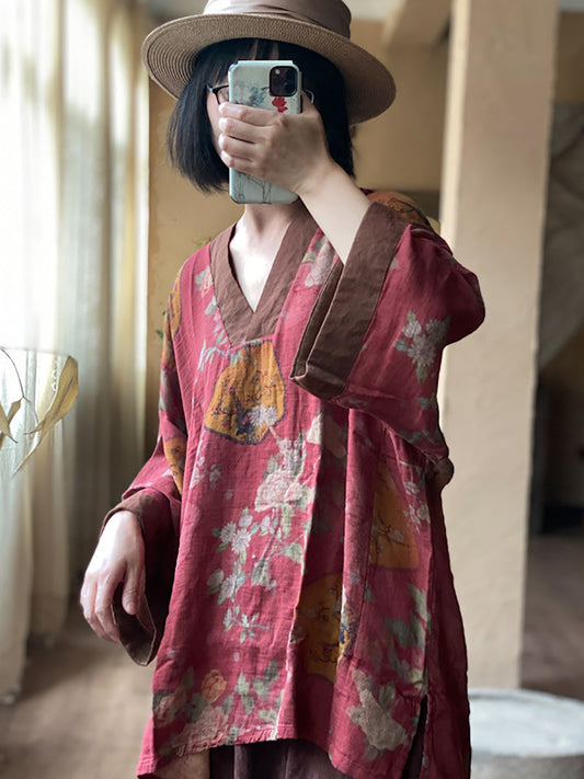 Chemise en coton ample à col en V pour femmes ethniques épissé de fleurs