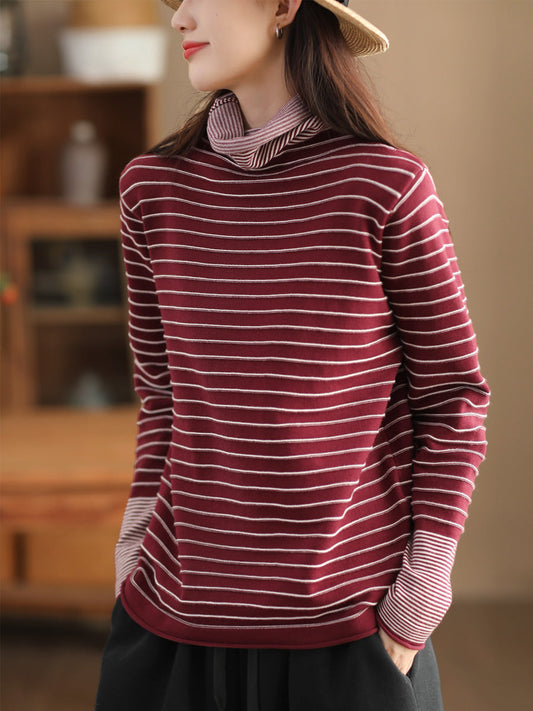 Sweat-shirt chaud à col roulé épissé à rayures décontractées pour femmes