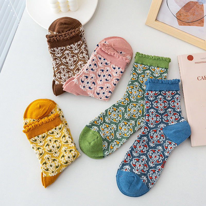 5 Pairs Women Autumn Sweet Flower Jacquard Socks