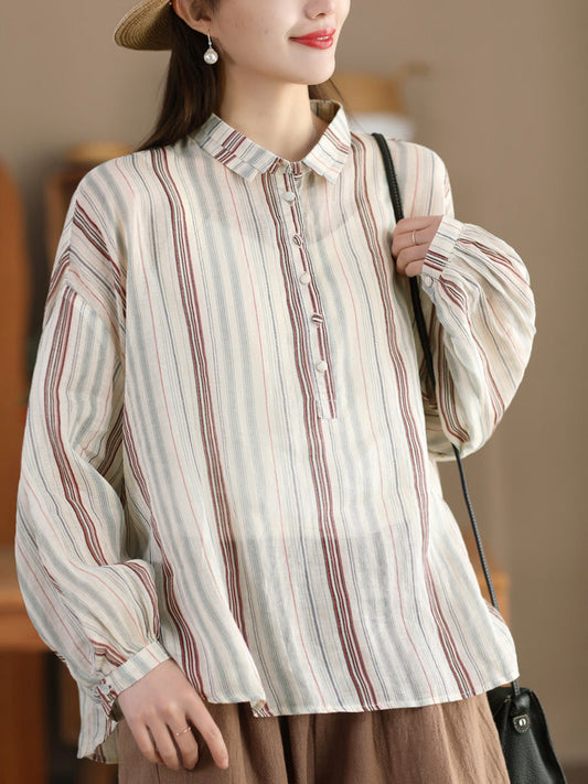 Women Spring Stripe Ramie Loose Ramie Shirt