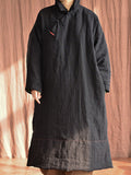 Women Chinese Vintage Frog Solid Split Hem Linen Robe Coat