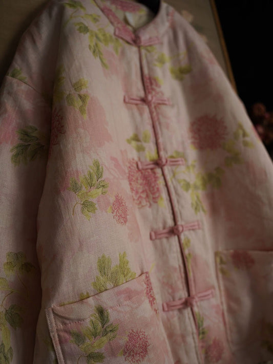Women Winter Artsy Flower Pink Linen Coat