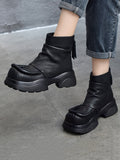 Women Retro Pure Leather Square-Toe Platform Boots