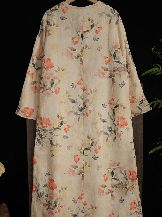 Women Artsy Flower Spring Ramie O-Neck Robe Dress