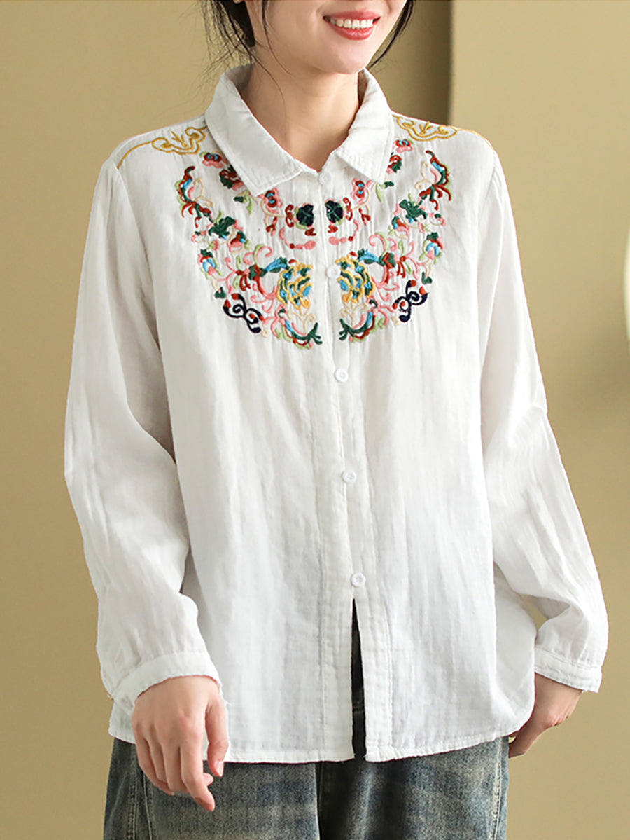 Women Retro Embroidery Spring Cotton Shirt