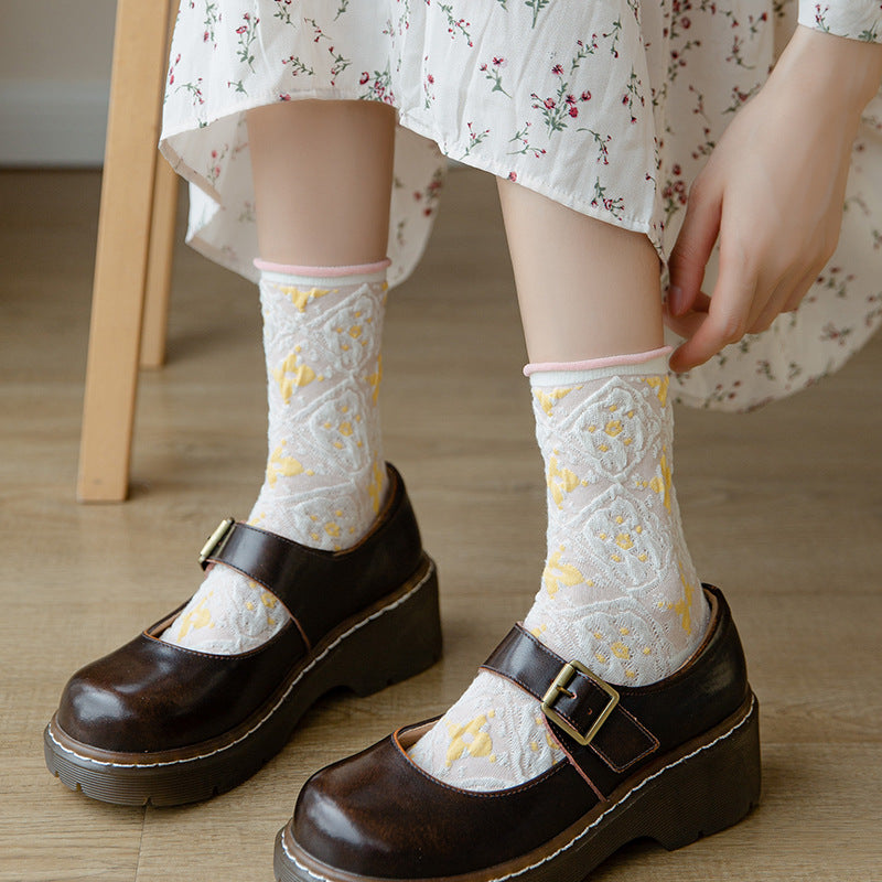 7 Pairs Women Spring Vintage Hemming Jacquard Socks