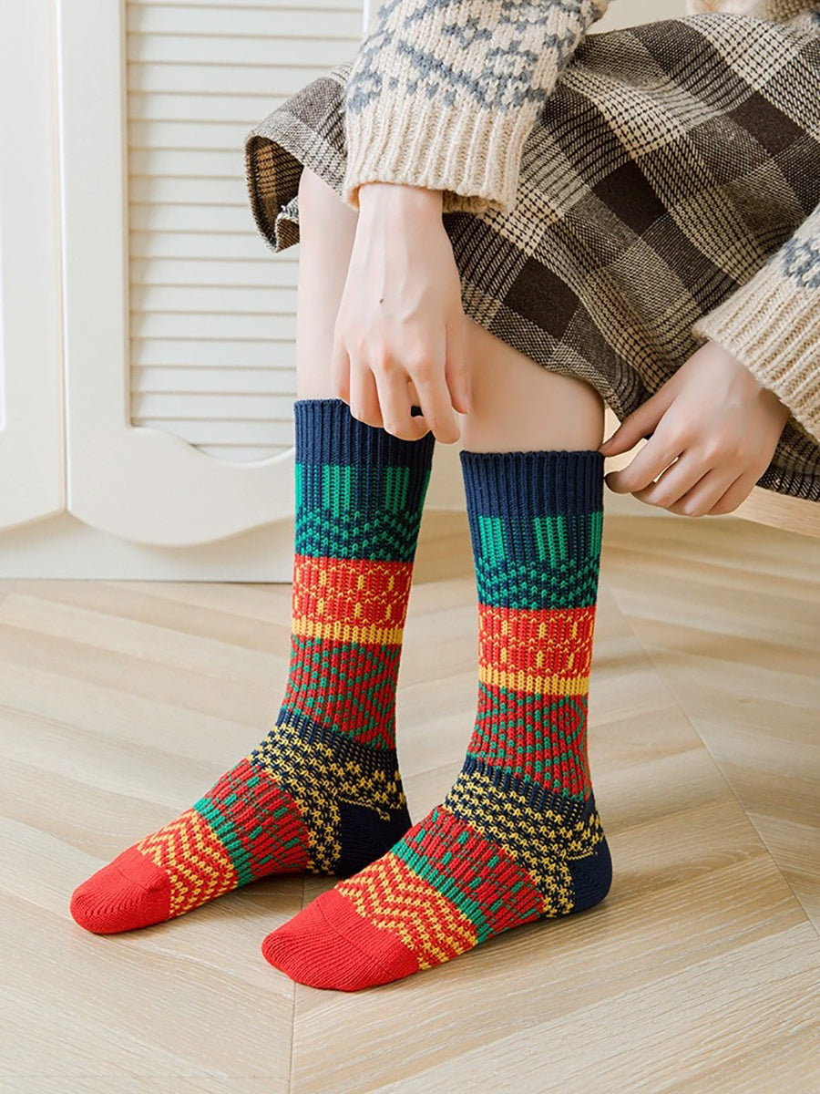4 paires de chaussettes tricotées en coton ethnique pour femmes