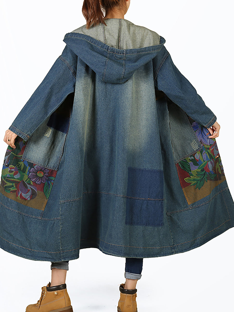 Women Vintage Flower Patch Spliced Deim Hooded Coat
