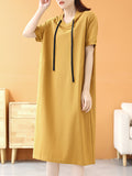 Women Summer Casual Solid Drawstring Hooded Cotton Dress