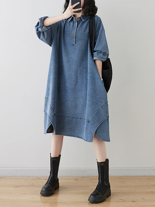 Women Spring Solid Casual Denim Long Sleeve Dress