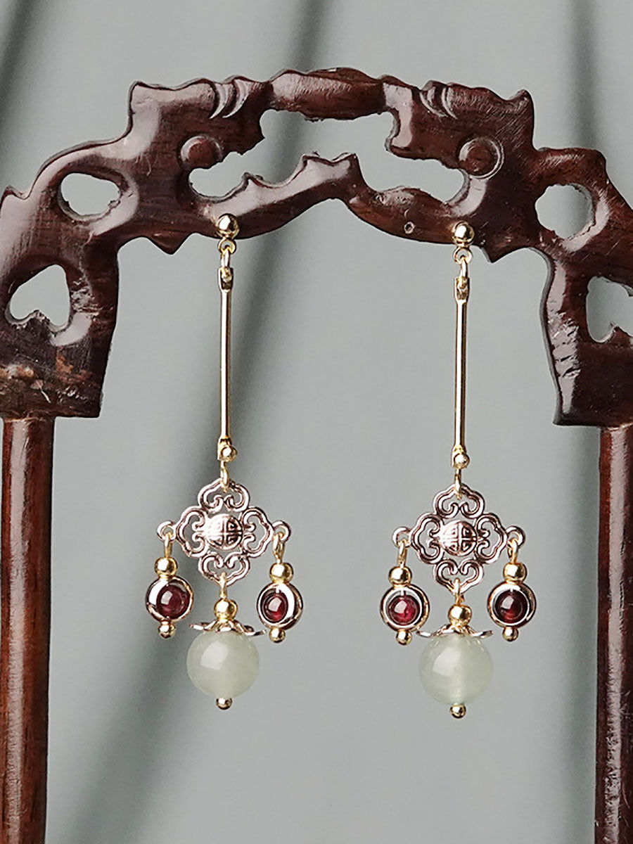 2 PCS Boucles d'oreilles pendantes en alliage de jade et de grenat vintage