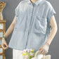 Women Summer Casual Solid Color Pocket Cardigan Ramie Shirt