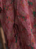Women Vintage Floral lButton Drawstring Thin Linen Robe Dress