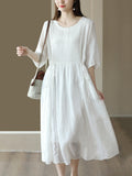 Women Artsy Draped Drawstring Solid 100%Ramie Dress