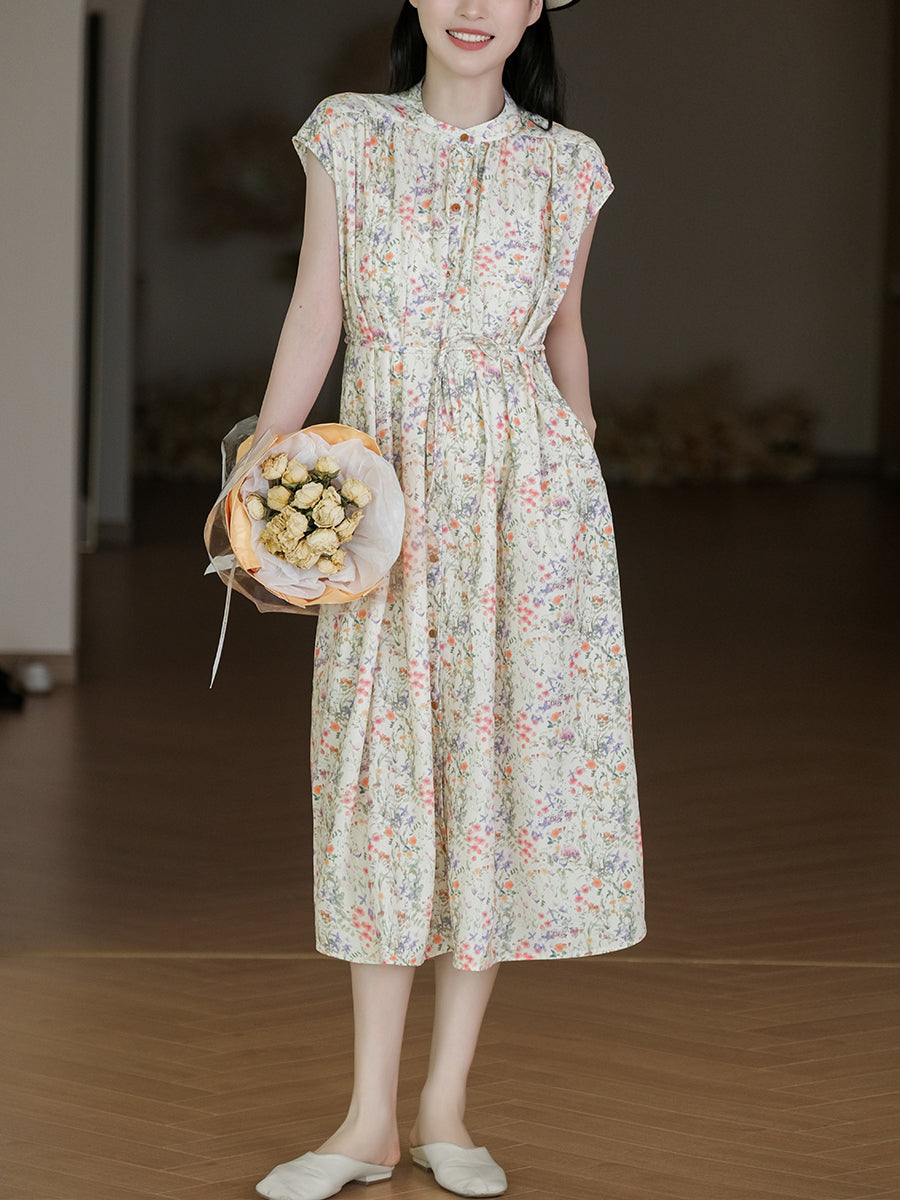 Women Summer Vintage Floral Drawstring Button Cardigan Dress
