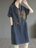 Women Summer Vintage Spliced Pocket Drawstring Denim Dress