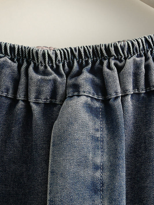 Women Retro Stitching Frayed Pocket Low-Crotch Denim Pants