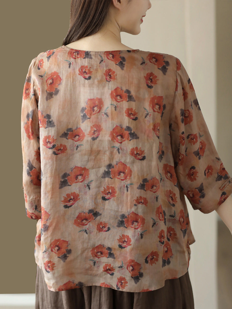 Women Vintage Summer Floral Frog Pullover Ramie Shirt