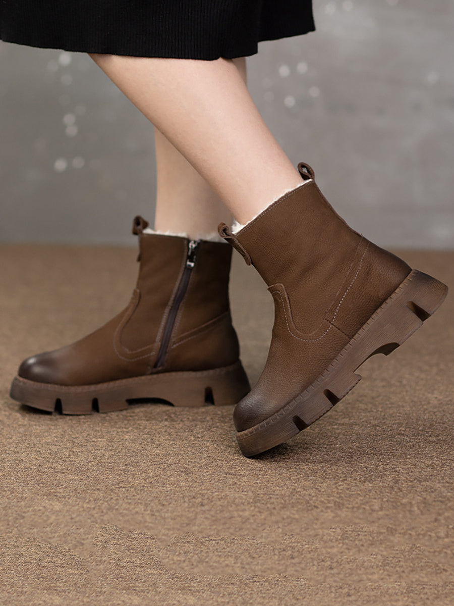 Women Winter Leather Vintage Solid Ankle Boots