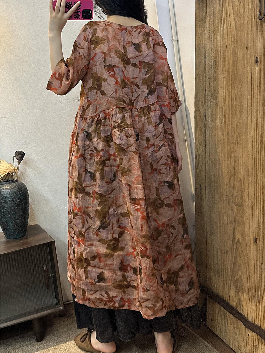 Women Vintage Floral Pleat Pullover Loose Ramie Dress