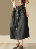 Women Casual Pocket Button Loose Sold Denim Skirt