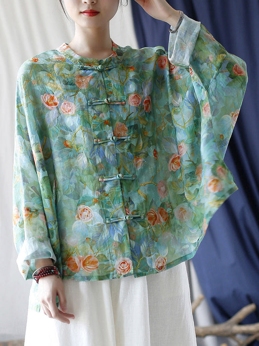 Women Vintage Flower Print Ramie Spring Shirt