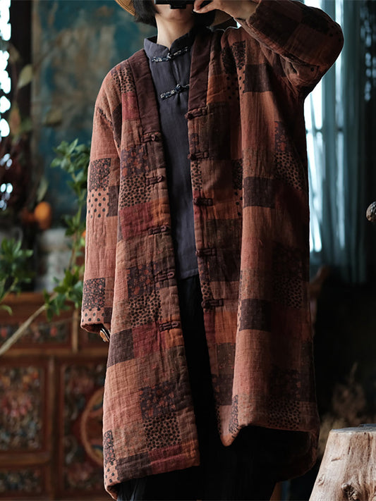 Women Vintage Plaid Spliced V-neck Cotton Coat