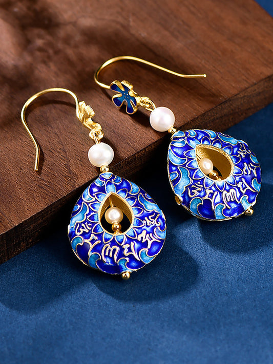 Women Ethnic Cloisonne Pearl Sliver Earrings