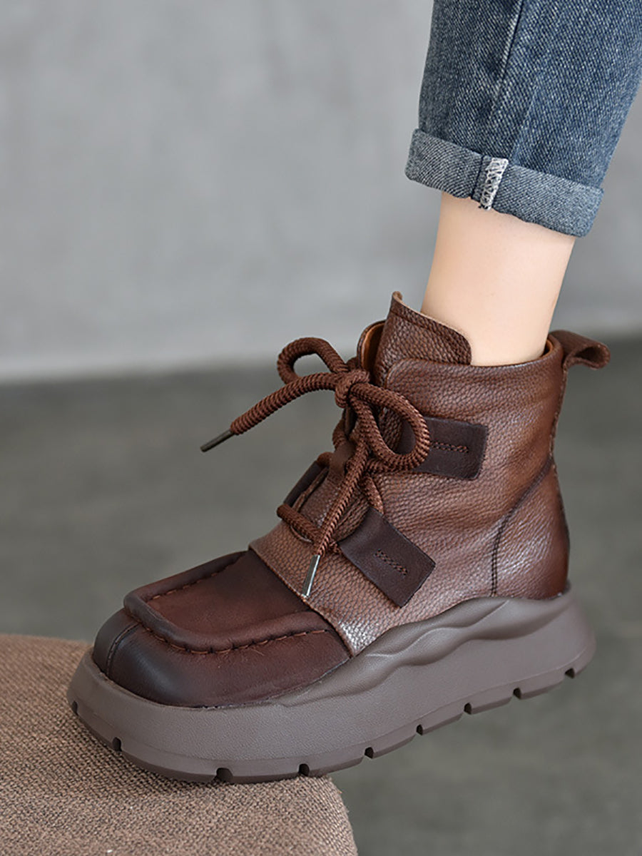 Women Casual Leather Spliced Square-toe Boots