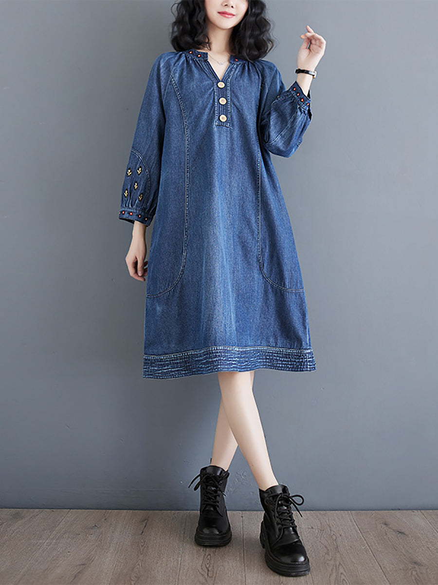 Women Summer Vintage Embroidery Loose Denim Dress