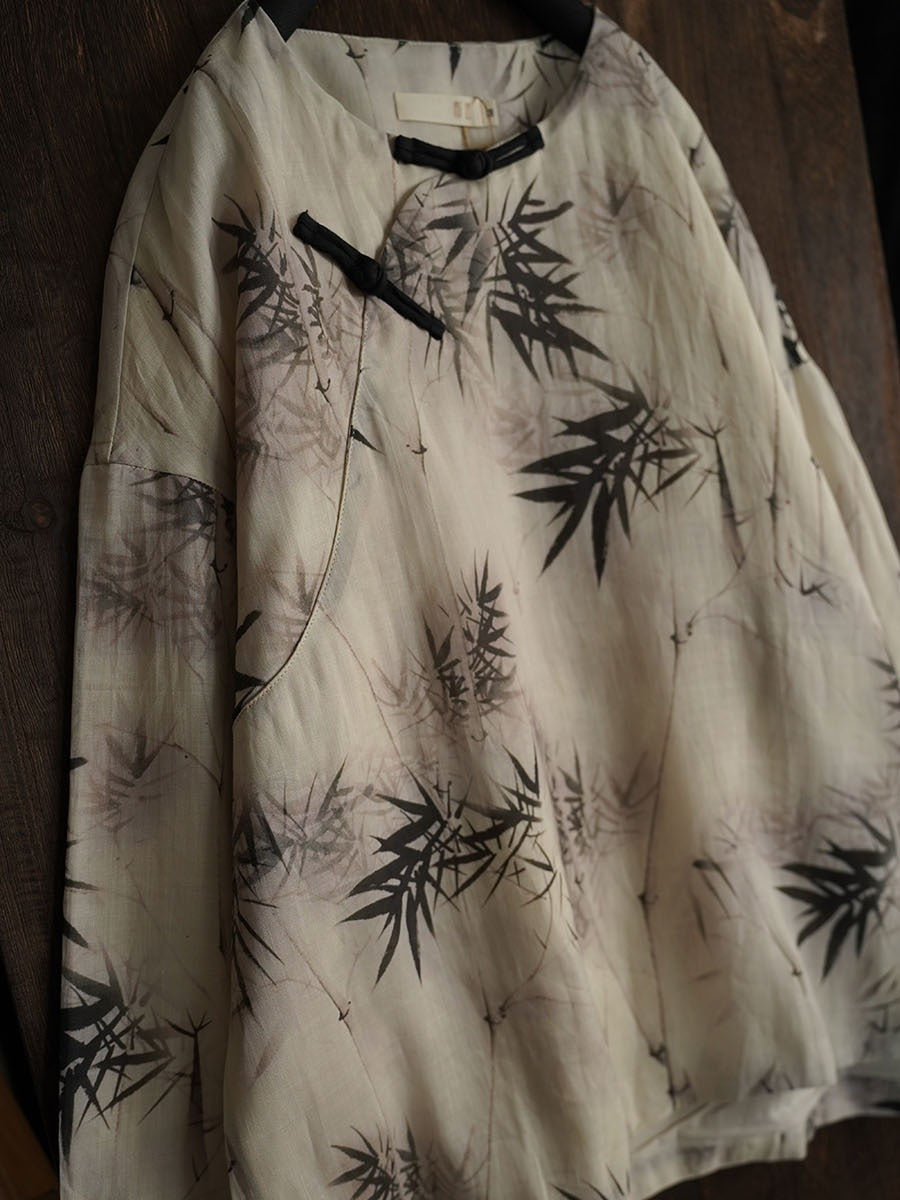 Women Vintage Bamboo Leaf Print Spring Ramie Sweatshirt