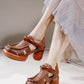Women Retro Leather Mid-heel Solid Soft Shoes
