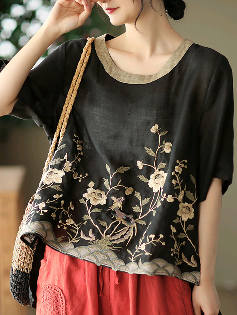 Women Casual Embroidery Ramie Spring T-Shirt