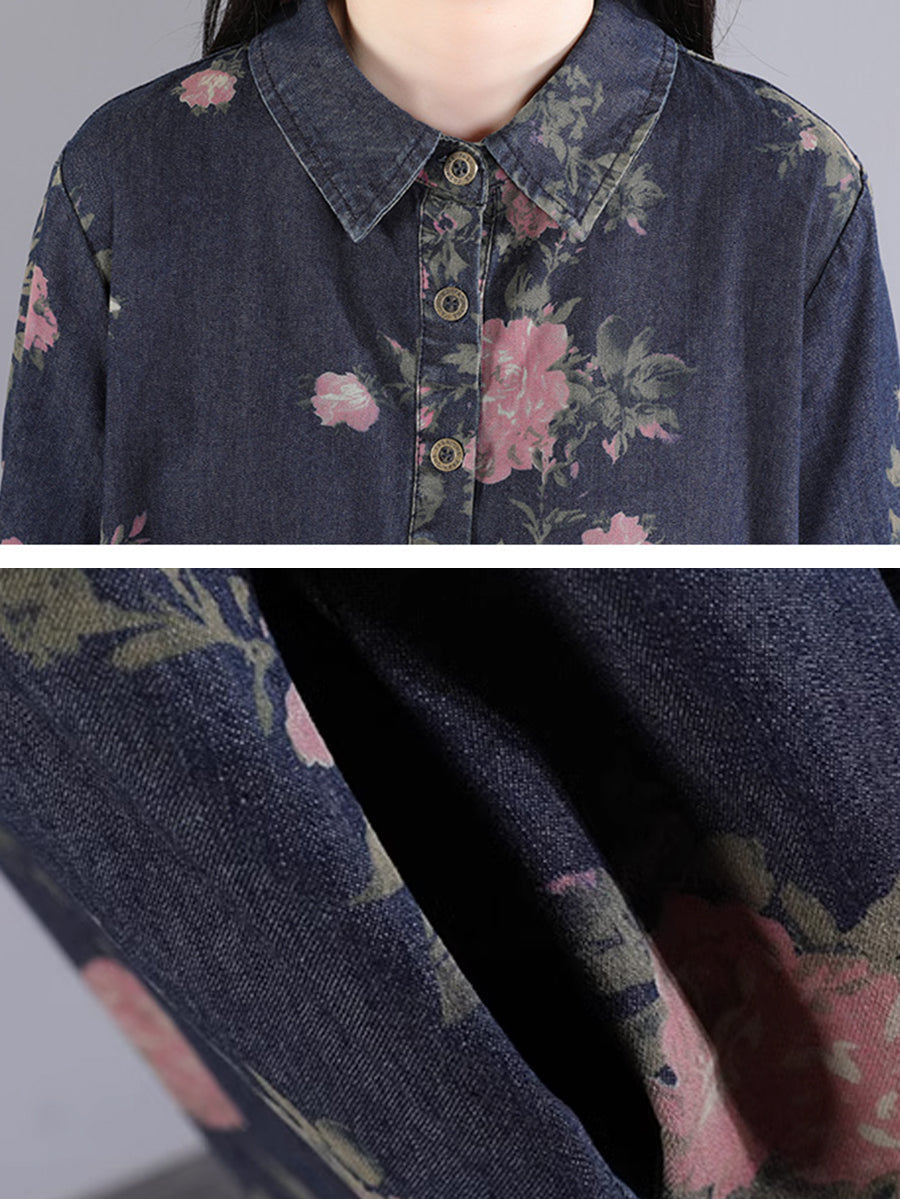 Women Summer Vintage Flower Pocket Loose Button Denim Dress