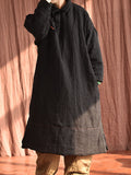 Women Chinese Vintage Frog Solid Split Hem Linen Robe Coat