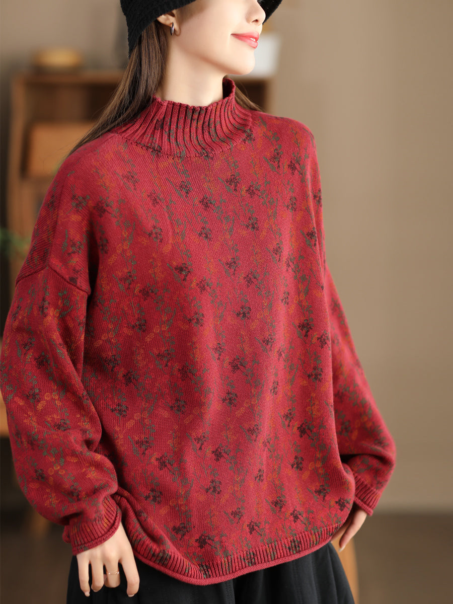 Pull tricoté à col roulé floral vintage pour femme