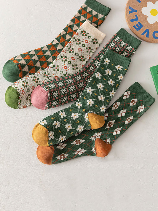 5 paires de chaussettes longues en jacquard géométrique à fleurs